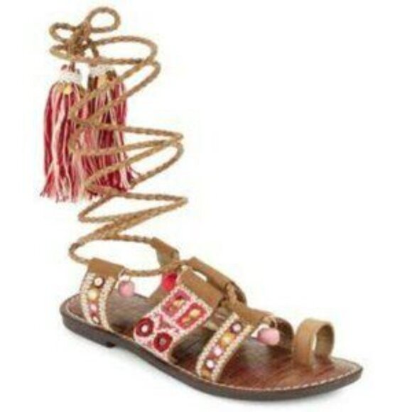 Sam Edelman Gretchen Boho Gladiator Tassel and Pompom Ankle Wrap Sandals - Picture 13 of 13
